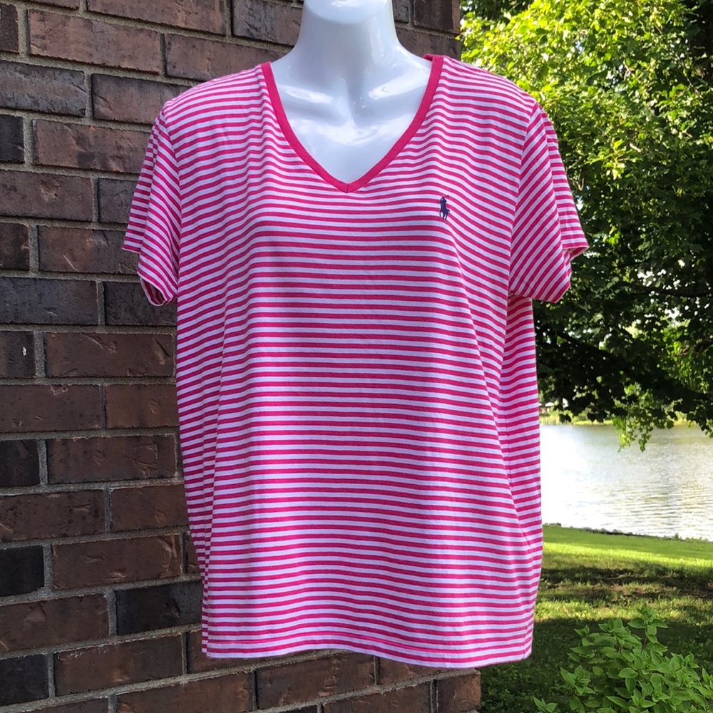 Ralph Lauren Pink Striped V-Neck Short Sleeve Top